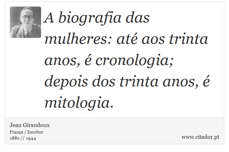 A biografia das mulheres: até aos trinta anos, é cronologia; depois dos trinta anos, é mitologia. - Jean Giraudoux - Frases