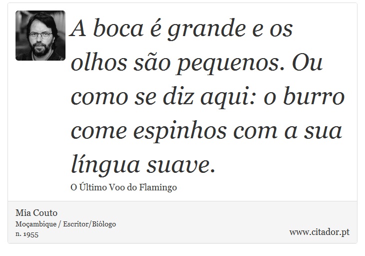 A boca é grande e os olhos são pequenos. Ou como se diz aqui: o burro come espinhos com a sua língua suave. - Mia Couto - Frases