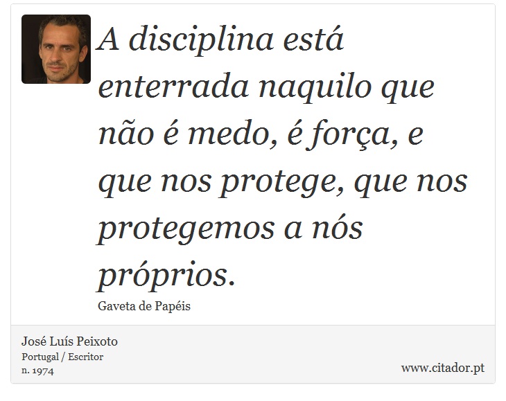 A disciplina está enterrada naquilo que não é medo, é força, e que nos protege, que nos protegemos a nós próprios. - José Luís Peixoto - Frases