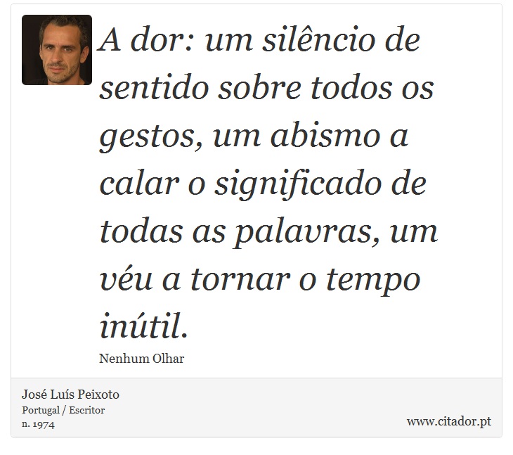 A dor: um silêncio de sentido sobre todos os gestos, um abismo a calar o significado de todas as palavras, um véu a tornar o tempo inútil. - José Luís Peixoto - Frases
