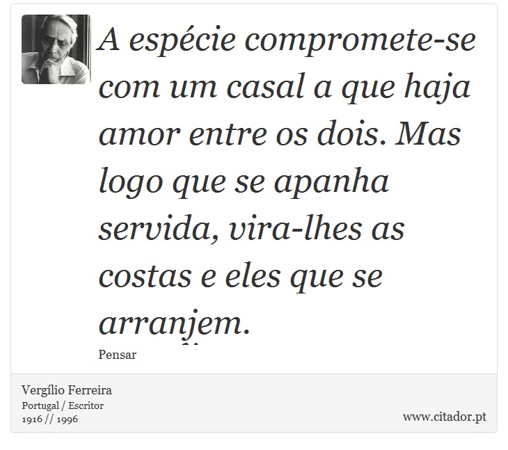 A espcie compromete-se com um casal a que haja amor entre os dois. Mas logo que se apanha servida, vira-lhes as costas e eles que se arranjem. - Verglio Ferreira - Frases