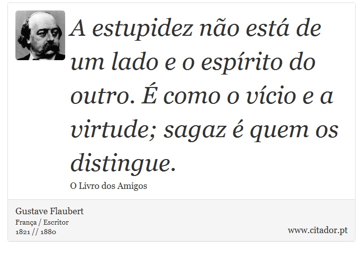 A estupidez não está de um lado e o espírito do outro. É como o vício e a virtude; sagaz é quem os distingue. - Gustave Flaubert - Frases