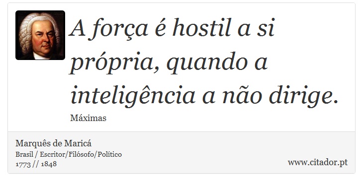 A força é hostil a si própria, quando a inteligência a não dirige. - Marquês de Maricá - Frases