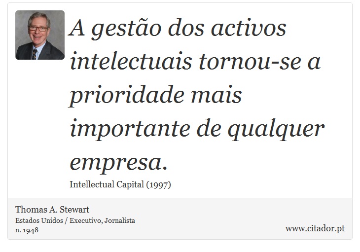 A gestão dos activos intelectuais tornou-se a prioridade mais importante de qualquer empresa. - Thomas A. Stewart - Frases