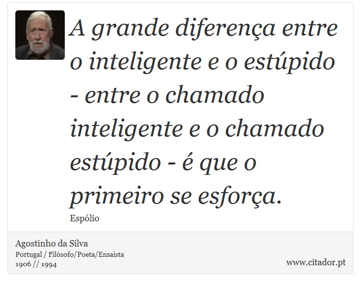 A grande diferença entre o inteligente e o estúpido - entre o chamado inteligente e o chamado estúpido - é que o primeiro se esforça. - Agostinho da Silva - Frases