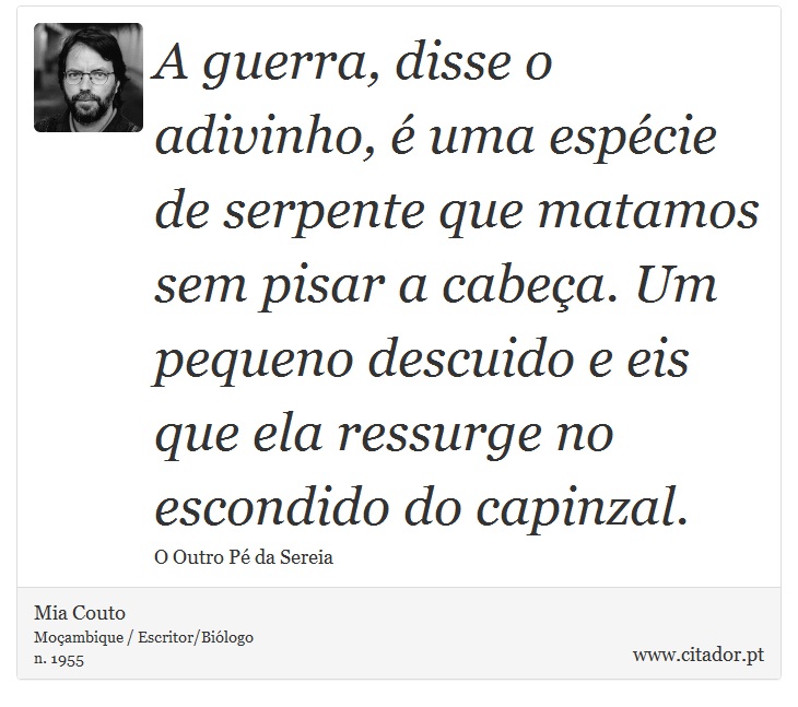 A guerra, disse o adivinho, é uma espécie de serpente que matamos sem pisar a cabeça. Um pequeno descuido e eis que ela ressurge no escondido do capinzal. - Mia Couto - Frases