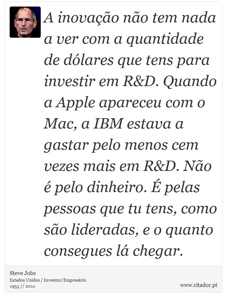 A inovação não tem nada a ver com a quantidade de dólares que tens para investir em R&D. Quando a Apple apareceu com o Mac, a IBM estava a gastar pelo menos cem vezes mais em R&D. Não é pelo dinheiro. É pelas pessoas que tu tens, como são lideradas, e o quanto consegues lá chegar. - Steve Jobs - Frases