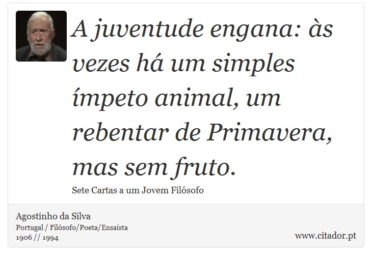 A juventude engana: às vezes há um simples ímpeto animal, um rebentar de Primavera, mas sem fruto. - Agostinho da Silva - Frases