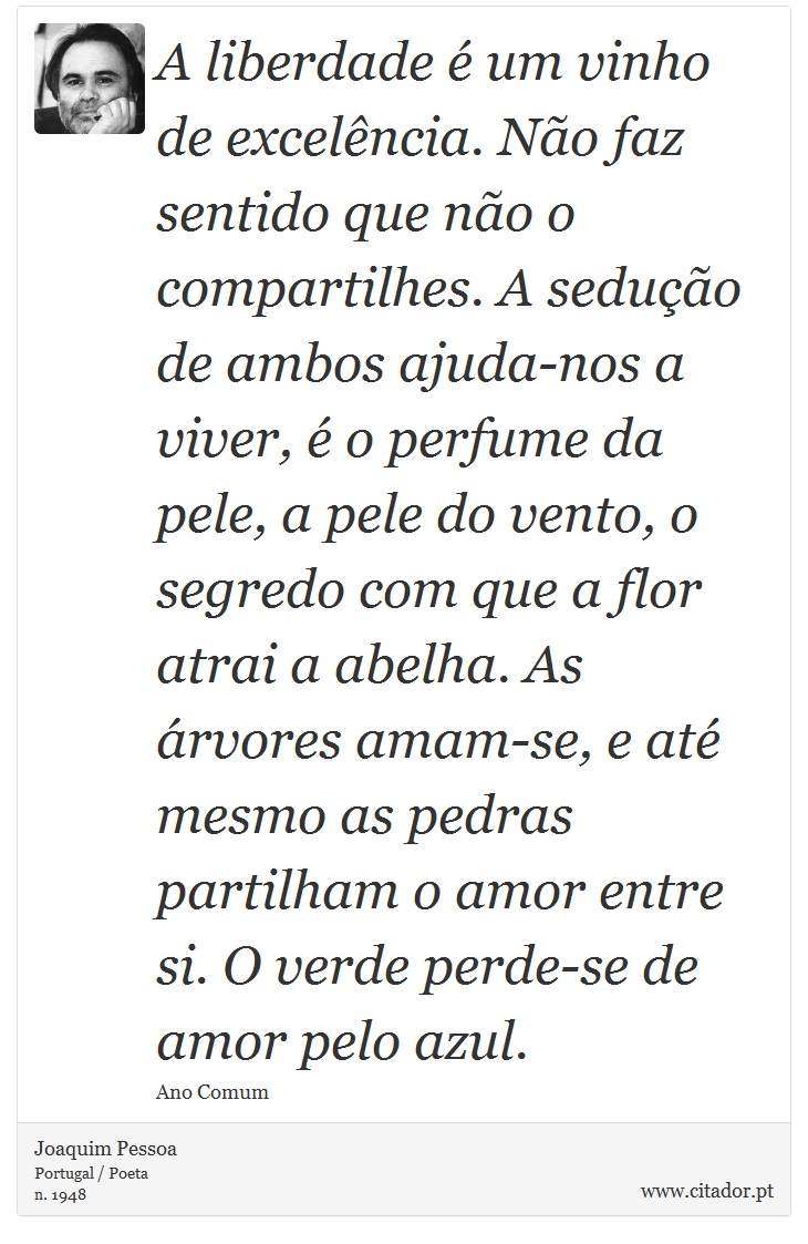 A liberdade é um vinho de excelência. Não faz sentido que não o compartilhes. A sedução de ambos ajuda-nos a viver, é o perfume da pele, a pele do vento, o segredo com que a flor atrai a abelha. As árvores amam-se, e até mesmo as pedras partilham o amor entre si. O verde perde-se de amor pelo azul. - Joaquim Pessoa - Frases