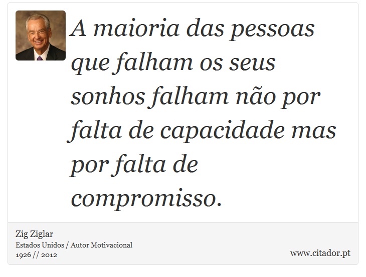 A maioria das pessoas que falham os seus sonhos falham não por falta de capacidade mas por falta de compromisso. - Zig Ziglar - Frases
