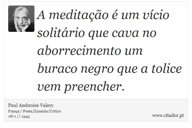 A meditação é um vício solitário que cava no aborrecimento um buraco negro que a tolice vem preencher. - Paul Ambroise Valery - Frases