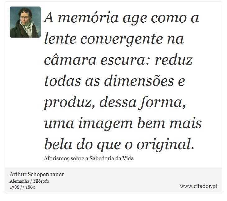 A memória age como a lente convergente na câmara escura: reduz todas as dimensões e produz, dessa forma, uma imagem bem mais bela do que o original. - Arthur Schopenhauer - Frases
