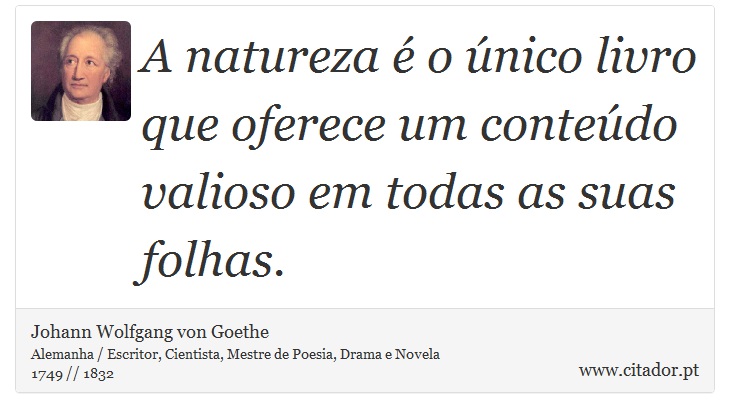 A natureza é o único livro que oferece um conteúdo valioso em todas as suas folhas. - Johann Wolfgang von Goethe - Frases