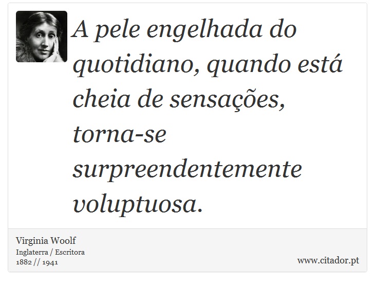 A pele engelhada do quotidiano, quando está cheia de sensações, torna-se surpreendentemente voluptuosa. - Virginia Woolf - Frases
