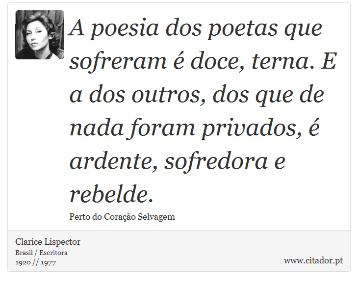A poesia dos poetas que sofreram é doce, terna. E a dos outros, dos que de nada foram privados, é ardente, sofredora e rebelde. - Clarice Lispector - Frases