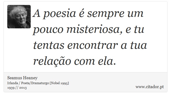 A poesia é sempre um pouco misteriosa, e tu tentas encontrar a tua relação com ela. - Seamus Heaney - Frases