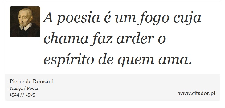 A poesia é um fogo cuja chama faz arder o espírito de quem ama. - Pierre de Ronsard - Frases