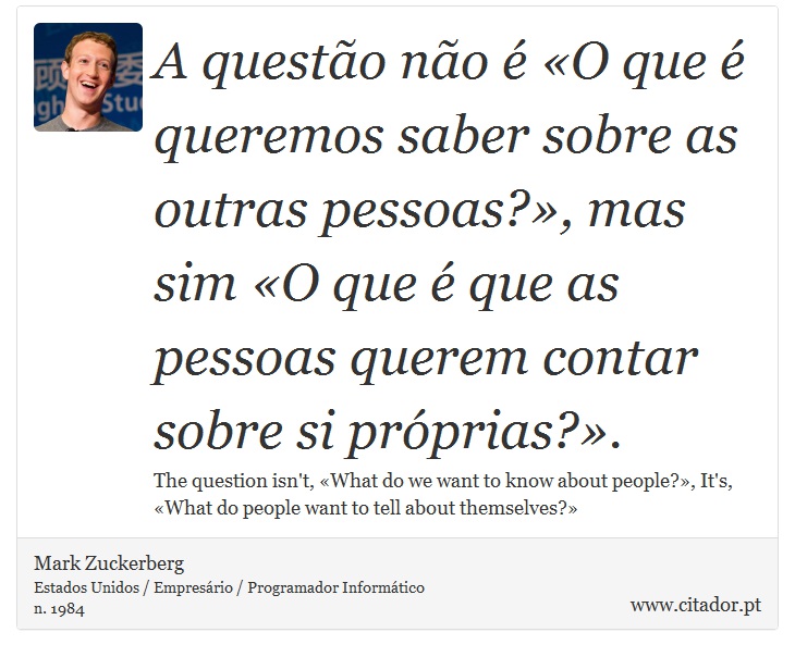 A questão não é «O que é queremos saber sobre as outras pessoas?», mas sim «O que é que as pessoas querem contar sobre si próprias?». - Mark Zuckerberg - Frases
