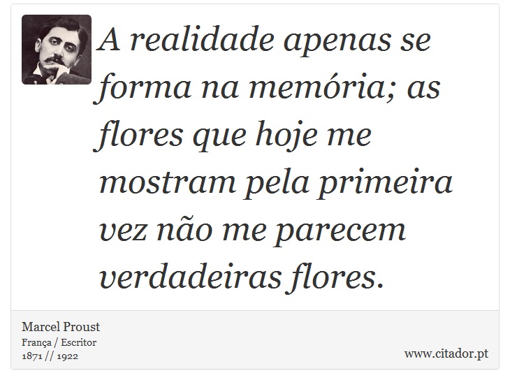 A realidade apenas se forma na memória; as flores que hoje me mostram pela primeira vez não me parecem verdadeiras flores. - Marcel Proust - Frases