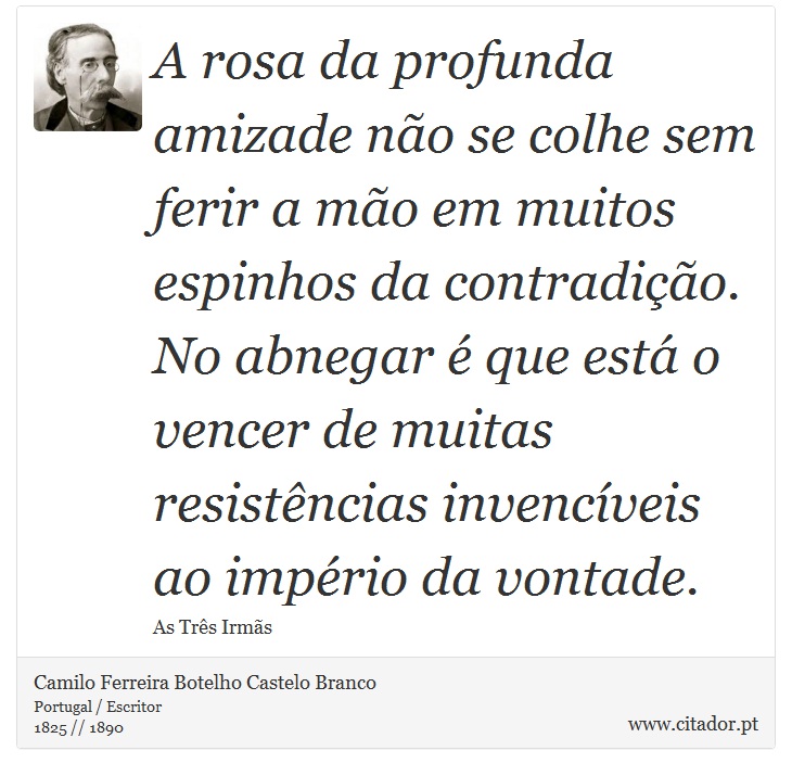 A rosa da profunda amizade não se colhe sem ferir a mão em muitos espinhos da contradição. No abnegar é que está o vencer de muitas resistências invencíveis ao império da vontade. - Camilo Ferreira Botelho Castelo Branco - Frases