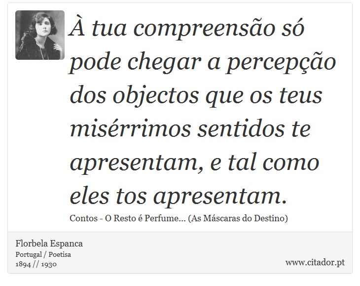 À tua compreensão só pode chegar a percepção dos objectos que os teus misérrimos sentidos te apresentam, e tal como eles tos apresentam. - Florbela Espanca - Frases