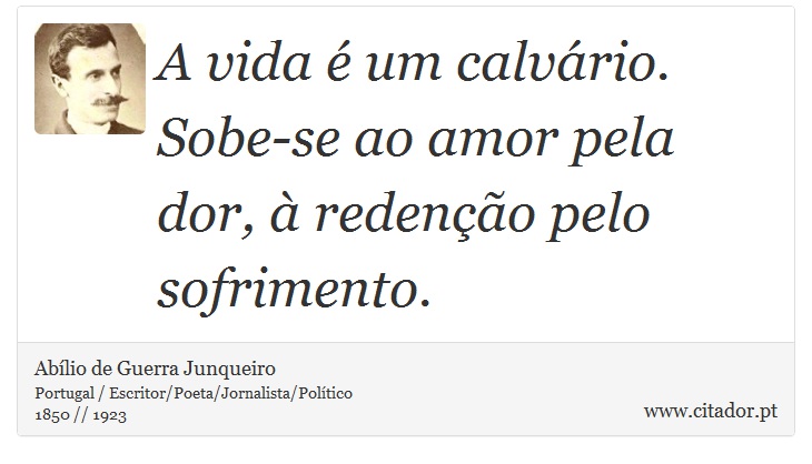 A vida é um calvário. Sobe-se ao amor pela dor, à redenção pelo sofrimento. - Abílio de Guerra Junqueiro - Frases