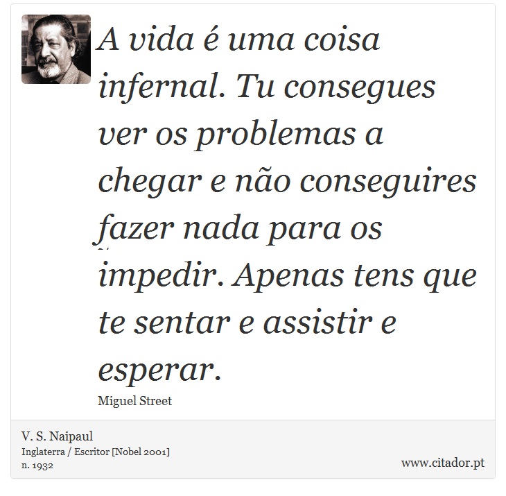 A vida é uma coisa infernal. Tu consegues ver os problemas a chegar e não conseguires fazer nada para os impedir. Apenas tens que te sentar e assistir e esperar. - V. S. Naipaul - Frases
