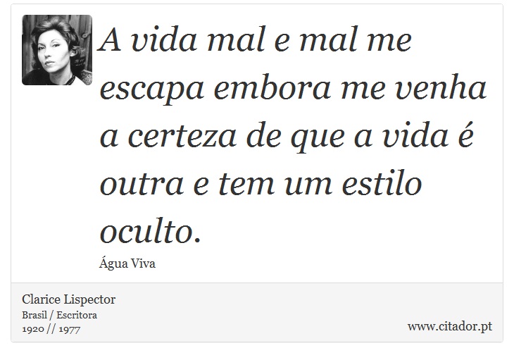 A vida mal e mal me escapa embora me venha a certeza de que a vida é outra e tem um estilo oculto. - Clarice Lispector - Frases