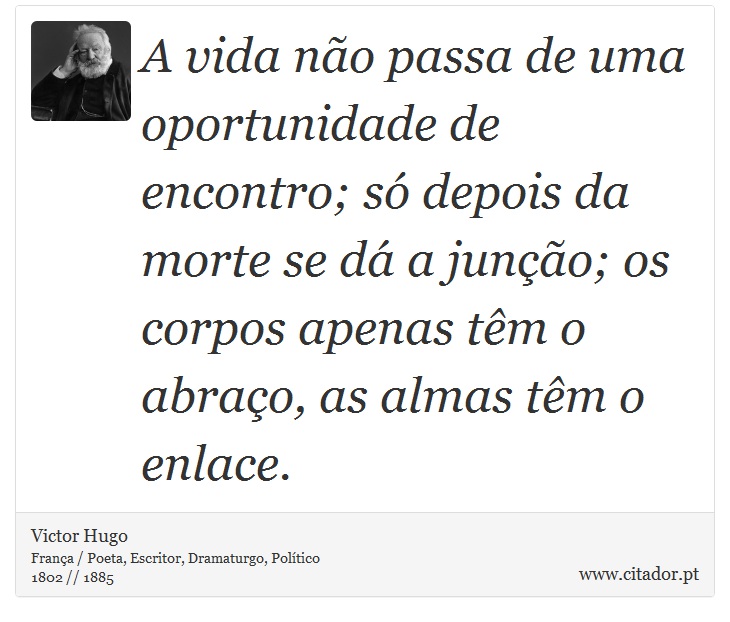 A vida não passa de uma oportunidade de encontro; só depois da morte se dá a junção; os corpos apenas têm o abraço, as almas têm o enlace. - Victor Hugo - Frases