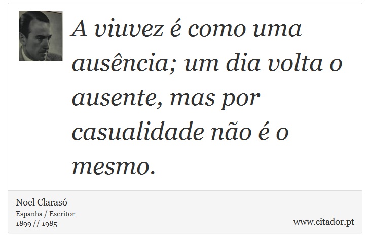 A viuvez é como uma ausência; um dia volta o ausente, mas por casualidade não é o mesmo. - Noel Clarasó - Frases