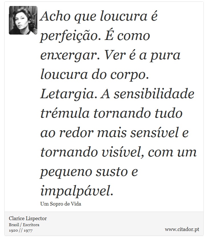 Acho que loucura é perfeição. É como enxergar. Ver é a pura loucura do corpo. Letargia. A sensibilidade trémula tornando tudo ao redor mais sensível e tornando visível, com um pequeno susto e impalpável. - Clarice Lispector - Frases