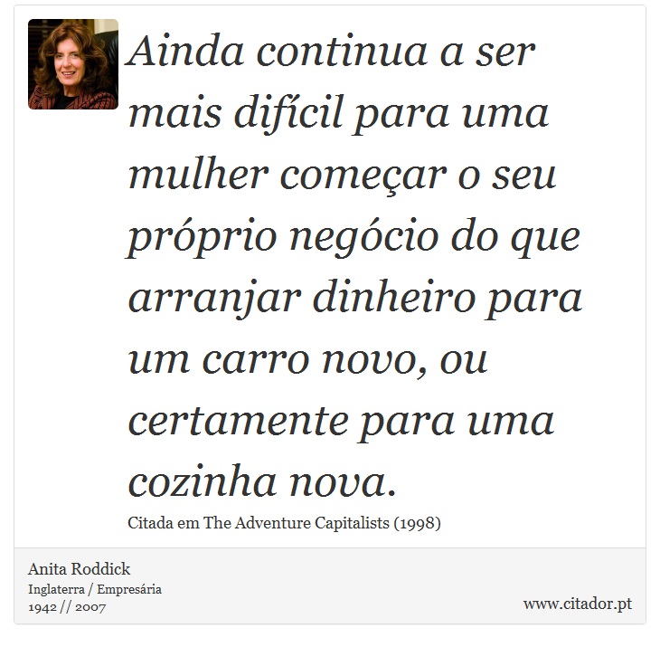 Ainda continua a ser mais difícil para uma mulher começar o seu próprio negócio do que arranjar dinheiro para um carro novo, ou certamente para uma cozinha nova. - Anita Roddick - Frases