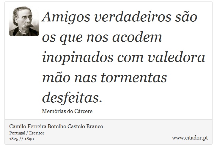 Amigos verdadeiros são os que nos acodem inopinados com valedora mão nas tormentas desfeitas. - Camilo Ferreira Botelho Castelo Branco - Frases
