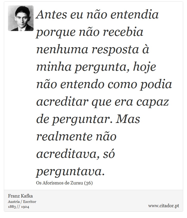 Antes eu não entendia porque não recebia nenhuma resposta à minha pergunta, hoje não entendo como podia acreditar que era capaz de perguntar. Mas realmente não acreditava, só perguntava. - Franz Kafka - Frases