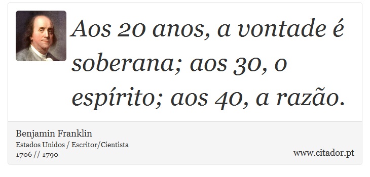 Aos 20 anos, a vontade é soberana; aos 30, o espírito; aos 40, a razão. - Benjamin Franklin - Frases