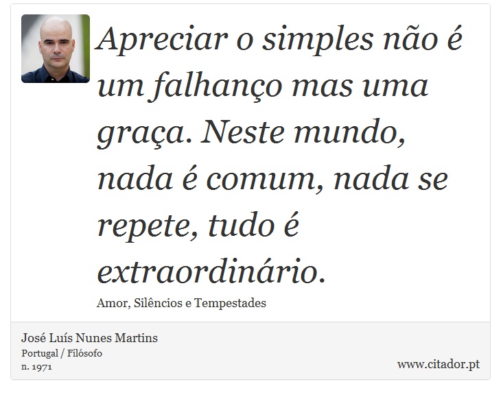 Apreciar o simples no  um falhano mas uma graa. Neste mundo, nada  comum, nada se repete, tudo  extraordinrio. - Jos Lus Nunes Martins - Frases