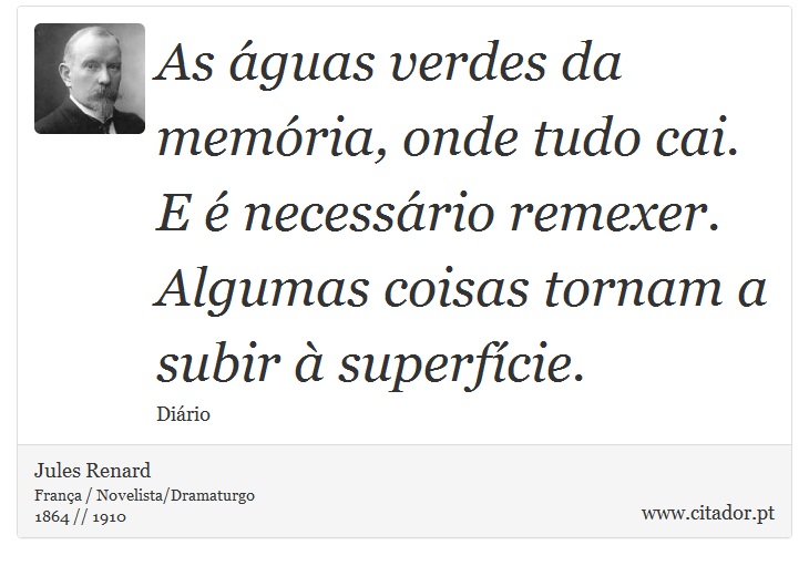 As águas verdes da memória, onde tudo cai. E é necessário remexer. Algumas coisas tornam a subir à superfície. - Jules Renard - Frases