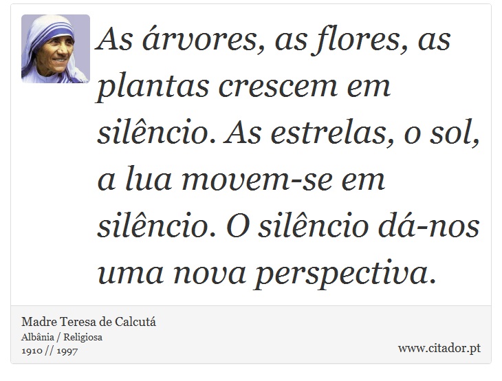 As árvores, as flores, as plantas crescem em silêncio. As estrelas, o sol, a lua movem-se em silêncio. O silêncio dá-nos uma nova perspectiva. - Madre Teresa de Calcutá - Frases