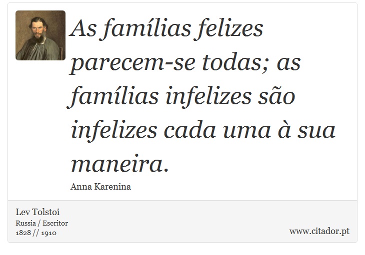 As famílias felizes parecem-se todas; as famílias infelizes são infelizes cada uma à sua maneira. - Lev Tolstoi - Frases