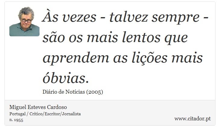 Às vezes - talvez sempre - são os mais lentos que aprendem as lições mais óbvias. - Miguel Esteves Cardoso - Frases