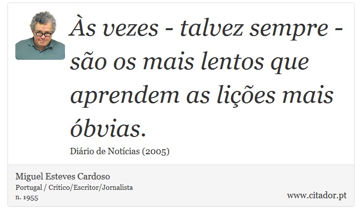 s vezes - talvez sempre - so os mais lentos que aprendem as lies mais bvias. - Miguel Esteves Cardoso - Frases