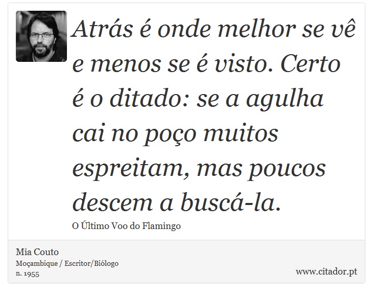 Atrás é onde melhor se vê e menos se é visto. Certo é o ditado: se a agulha cai no poço muitos espreitam, mas poucos descem a buscá-la. - Mia Couto - Frases