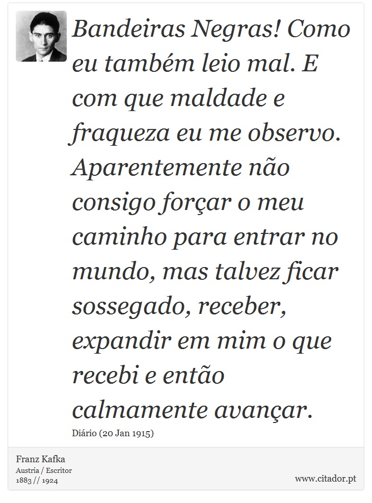 Bandeiras Negras! Como eu também leio mal. E com que maldade e fraqueza eu me observo. Aparentemente não consigo forçar o meu caminho para entrar no mundo, mas talvez ficar sossegado, receber, expandir em mim o que recebi e então calmamente avançar. - Franz Kafka - Frases