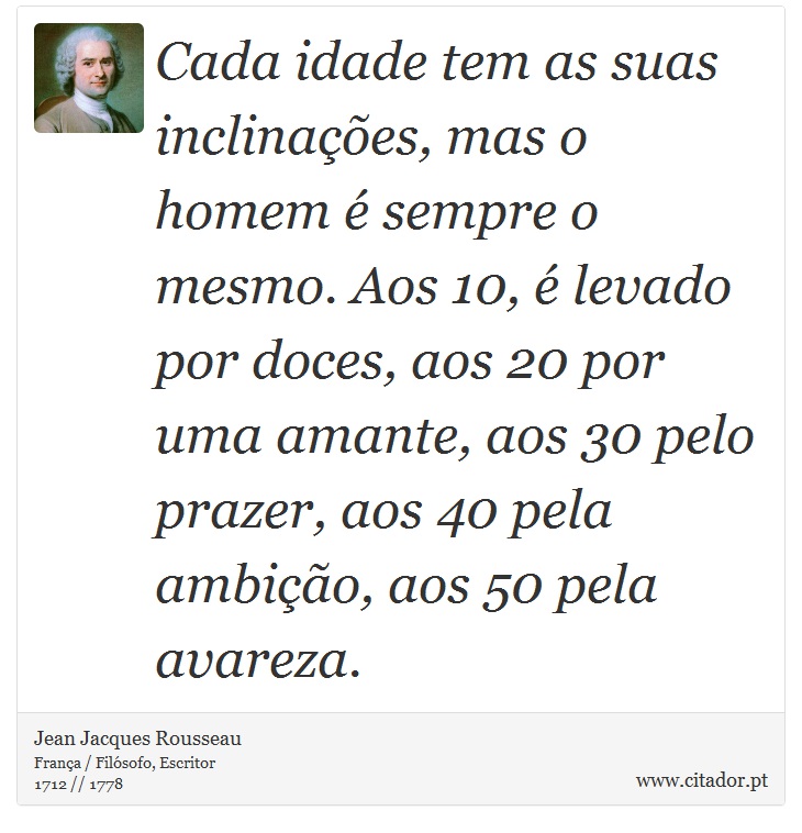 Cada idade tem as suas inclinações, mas o homem é sempre o mesmo. Aos 10, é levado por doces, aos 20 por uma amante, aos 30 pelo prazer, aos 40 pela ambição, aos 50 pela avareza. - Jean Jacques Rousseau - Frases