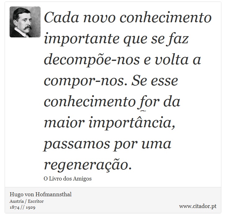 Cada novo conhecimento importante que se faz decompõe-nos e volta a compor-nos. Se esse conhecimento for da maior importância, passamos por uma regeneração. - Hugo von Hofmannsthal - Frases