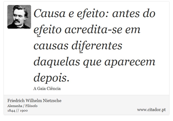 Causa e efeito: antes do efeito acredita-se em causas diferentes daquelas que aparecem depois. - Friedrich Wilhelm Nietzsche - Frases