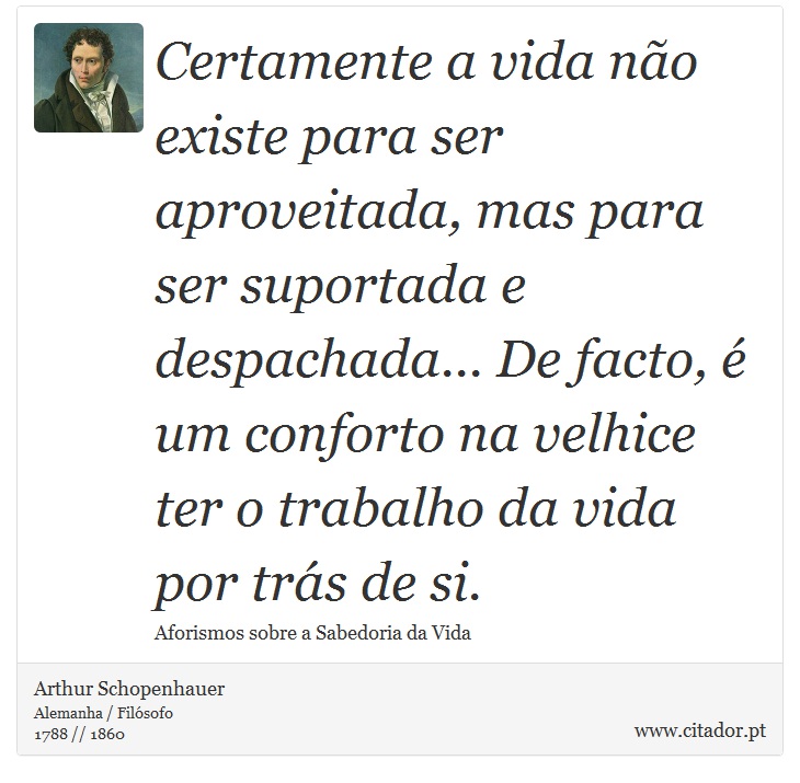 Certamente a vida não existe para ser aproveitada, mas para ser suportada e despachada... De facto, é um conforto na velhice ter o trabalho da vida por trás de si. - Arthur Schopenhauer - Frases