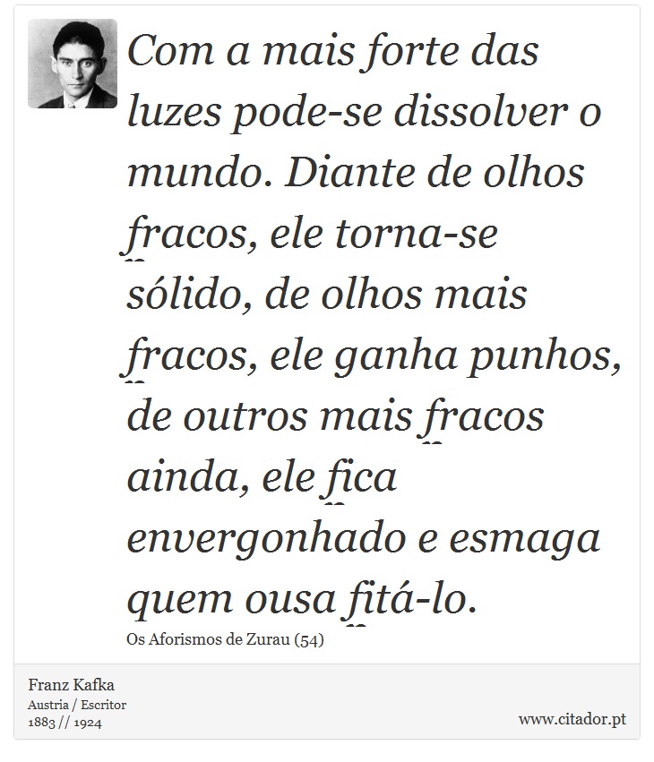 Com a mais forte das luzes pode-se dissolver o mundo. Diante de olhos fracos, ele torna-se sólido, de olhos mais fracos, ele ganha punhos, de outros mais fracos ainda, ele fica envergonhado e esmaga quem ousa fitá-lo. - Franz Kafka - Frases