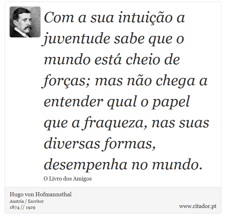 Com a sua intuição a juventude sabe que o mundo está cheio de forças; mas não chega a entender qual o papel que a fraqueza, nas suas diversas formas, desempenha no mundo. - Hugo von Hofmannsthal - Frases