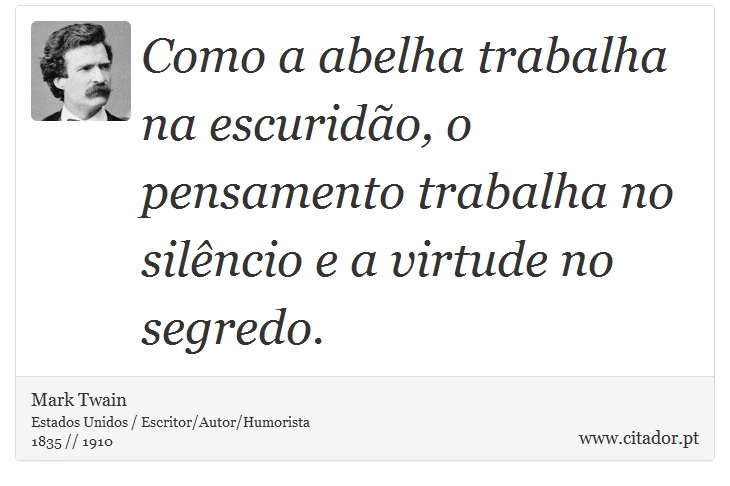 Como a abelha trabalha na escuridão, o pensamento trabalha no silêncio e a virtude no segredo. - Mark Twain - Frases